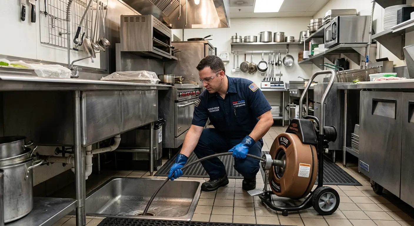 Commercial drain cleaning service in a restaurant kitchen in North Bend
