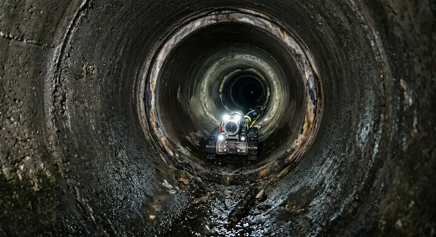 Robotic sewer camera inspecting pipe interior for Sewer Line Cleaning in North Bend