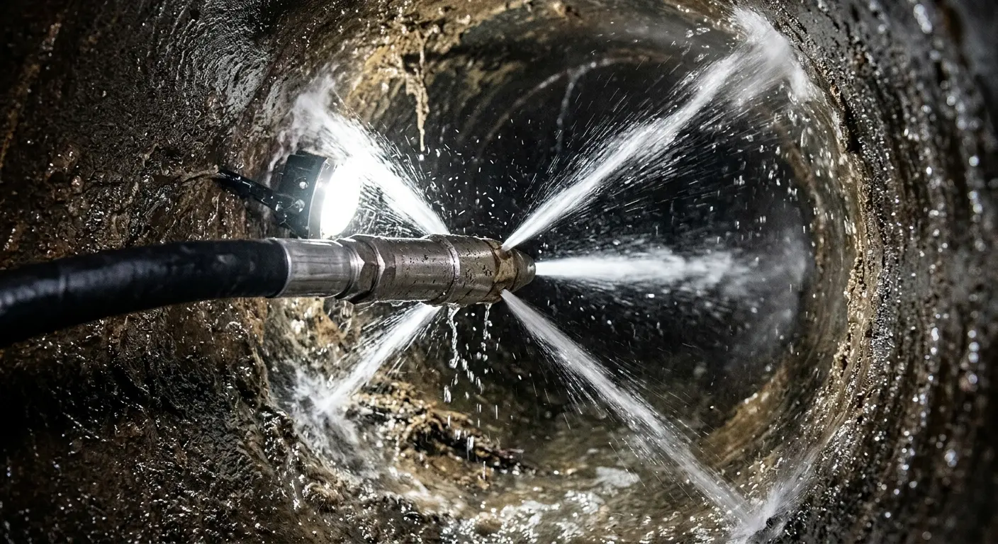 High-pressure hydro jetting nozzle cleaning sewer pipe for Sewer Cleanout in North Bend