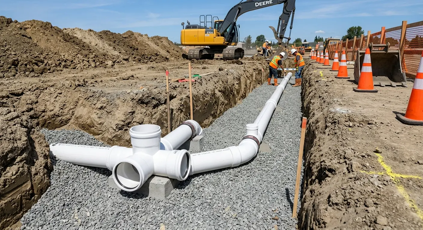 New PVC sewer pipe installation in open trench for Sewer Backup in North Bend