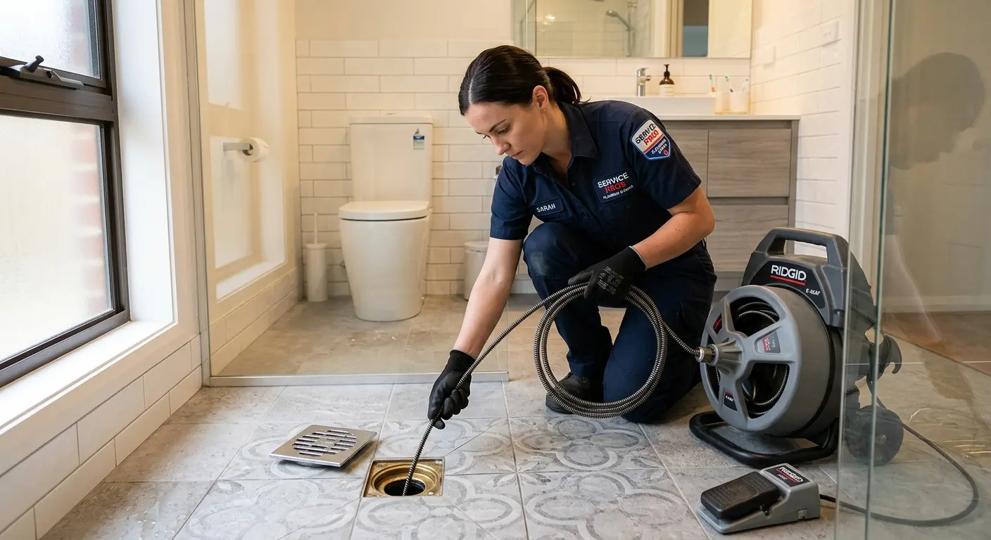 Technician clearing a bathroom floor drain for Drain Cleaning in North Bend